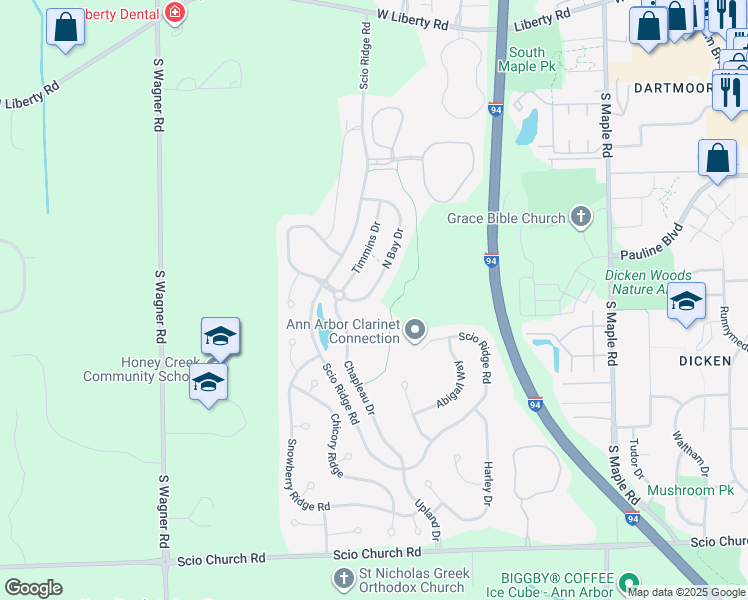 map of restaurants, bars, coffee shops, grocery stores, and more near 1387 North Bay Drive in Ann Arbor