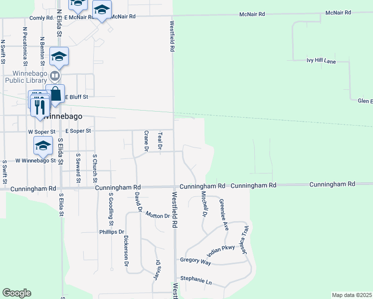 map of restaurants, bars, coffee shops, grocery stores, and more near 302 Prairie Hill Parkway in Winnebago