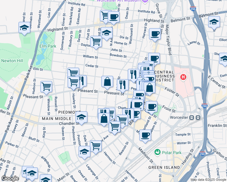 map of restaurants, bars, coffee shops, grocery stores, and more near 119 Pleasant Street in Worcester