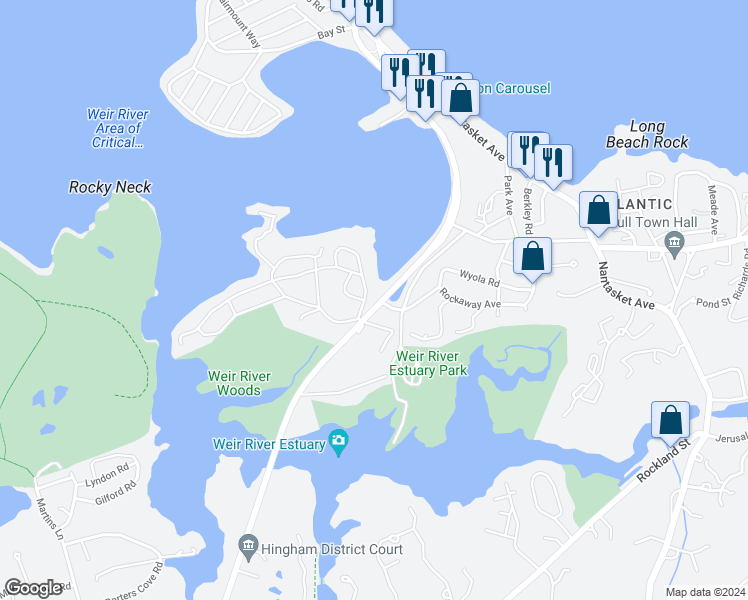 map of restaurants, bars, coffee shops, grocery stores, and more near 150 George Washington Boulevard in Hull