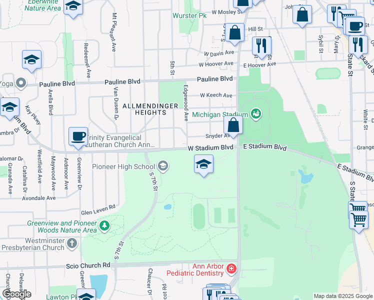 map of restaurants, bars, coffee shops, grocery stores, and more near 601 West Stadium Boulevard in Ann Arbor