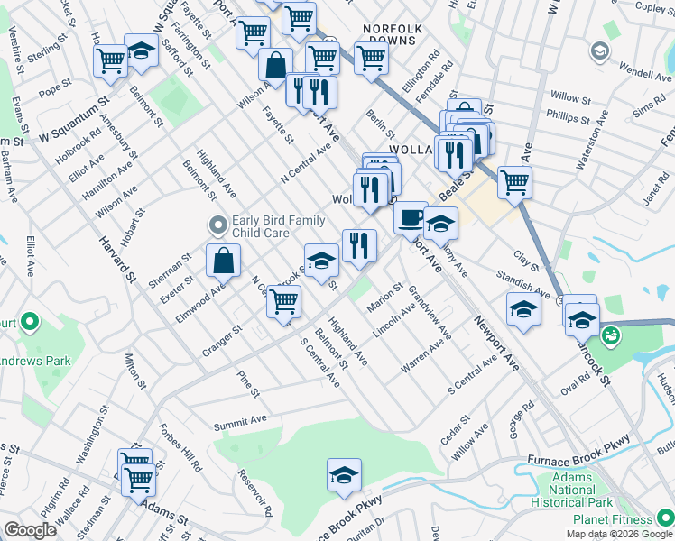 map of restaurants, bars, coffee shops, grocery stores, and more near 182 Taylor Street in Quincy