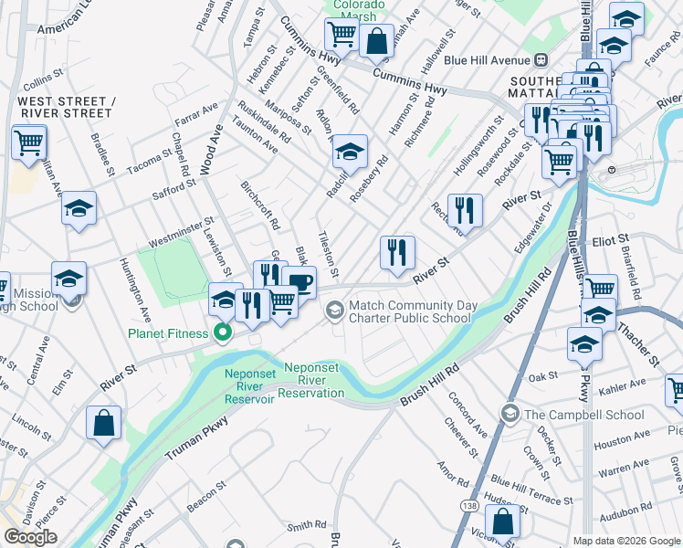 map of restaurants, bars, coffee shops, grocery stores, and more near 19 Oakcrest Road in Boston