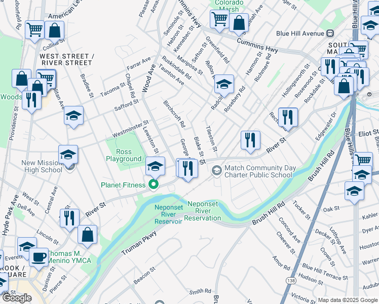map of restaurants, bars, coffee shops, grocery stores, and more near 17 George Street in Boston