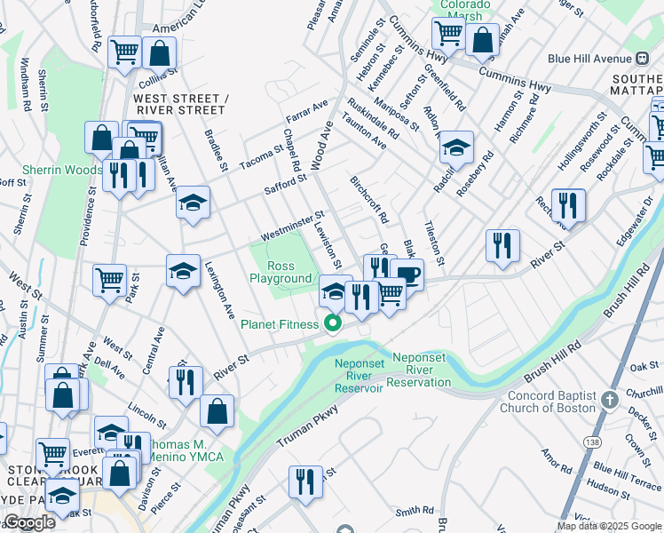 map of restaurants, bars, coffee shops, grocery stores, and more near 95 Lewiston Street in Boston