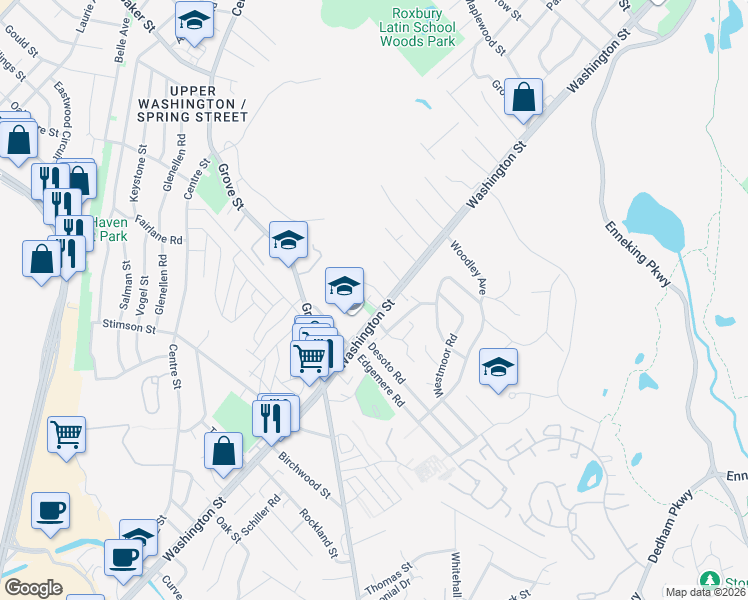 map of restaurants, bars, coffee shops, grocery stores, and more near 5119 Washington Street in Boston
