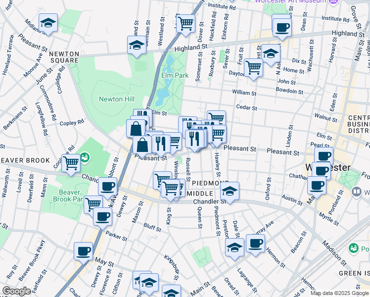 map of restaurants, bars, coffee shops, grocery stores, and more near 7 Pleasant Terrace in Worcester