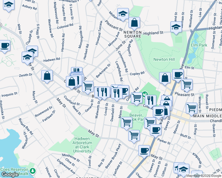 map of restaurants, bars, coffee shops, grocery stores, and more near 395 Lovell Street in Worcester