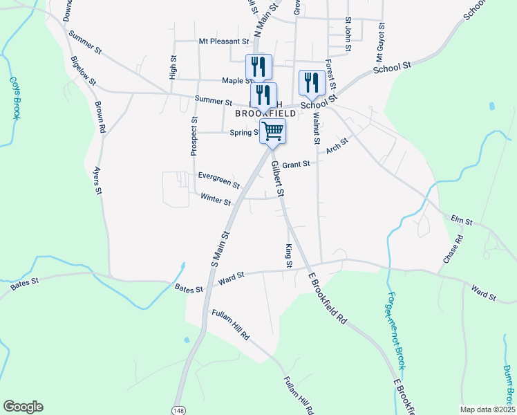 map of restaurants, bars, coffee shops, grocery stores, and more near 12 Cushing Street in North Brookfield