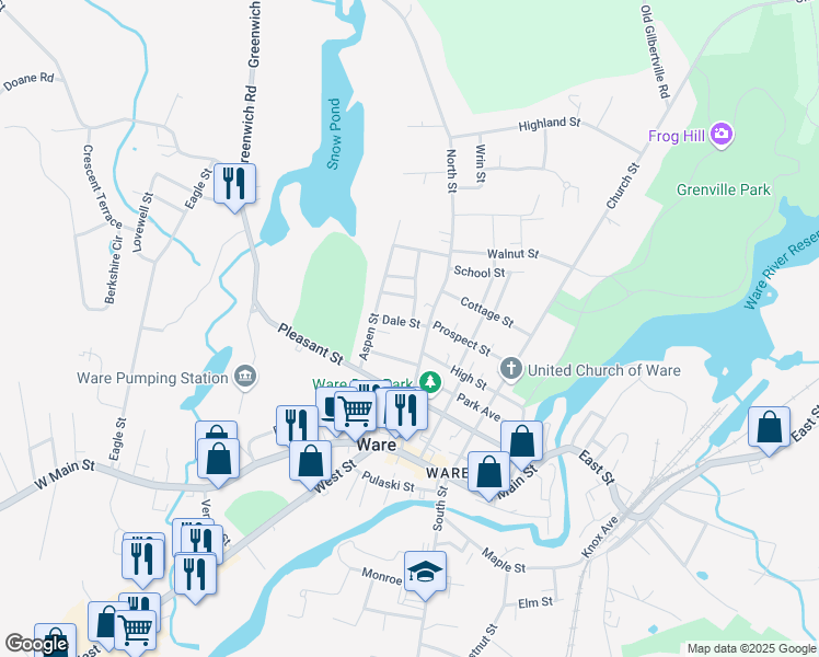 map of restaurants, bars, coffee shops, grocery stores, and more near 23 Dale Street in Ware