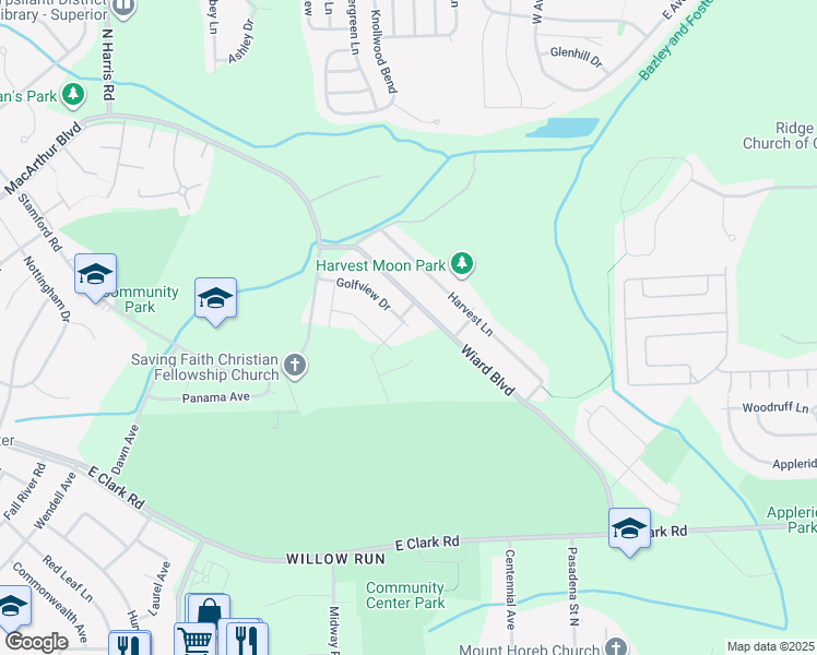 map of restaurants, bars, coffee shops, grocery stores, and more near 1628 Golf View Drive in Superior Charter Township