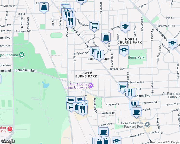map of restaurants, bars, coffee shops, grocery stores, and more near 1401 Golden Avenue in Ann Arbor