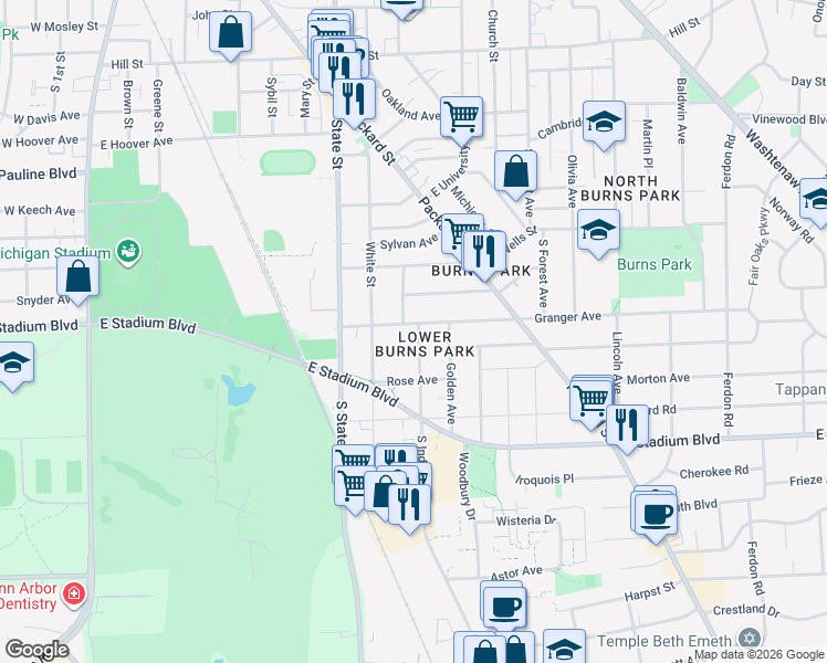 map of restaurants, bars, coffee shops, grocery stores, and more near in Ann Arbor