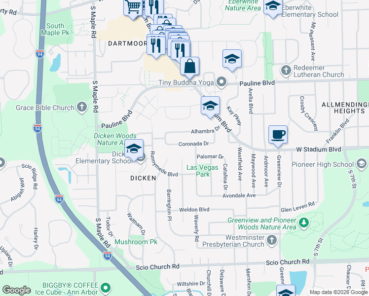 map of restaurants, bars, coffee shops, grocery stores, and more near 1921 Coronada Drive in Ann Arbor