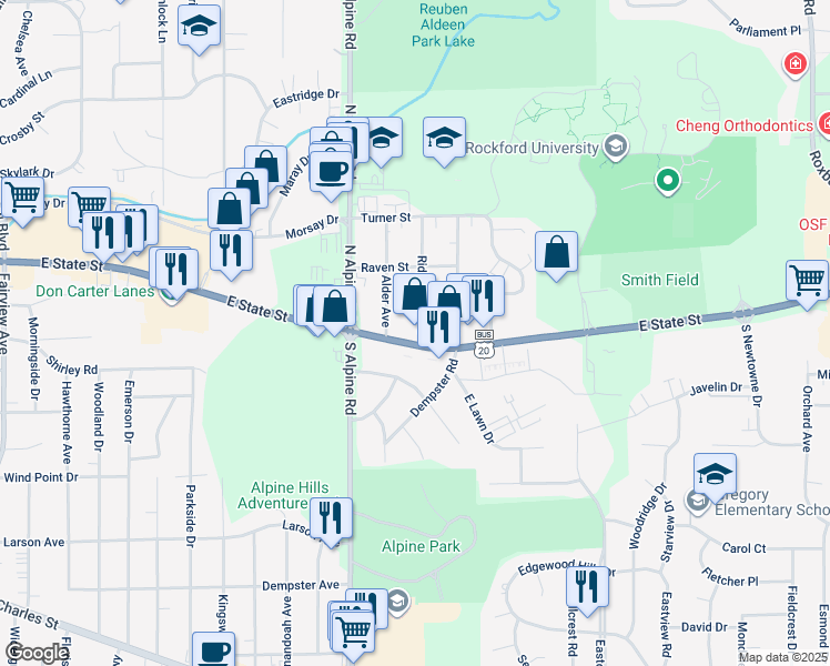 map of restaurants, bars, coffee shops, grocery stores, and more near 4616 East State Street in Rockford