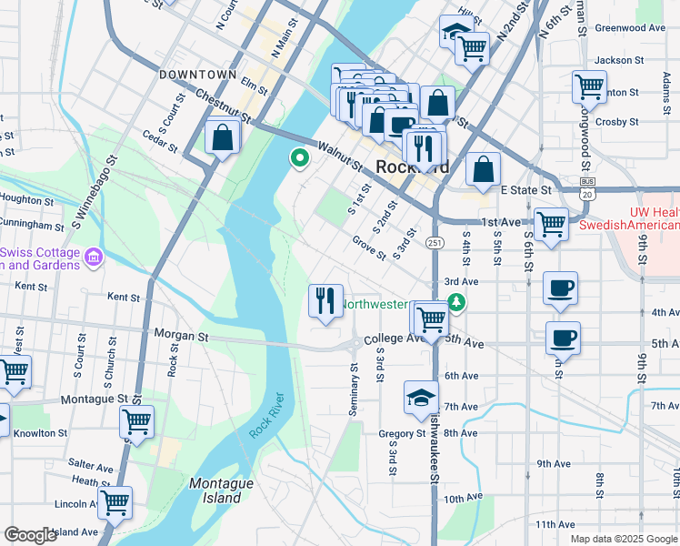 map of restaurants, bars, coffee shops, grocery stores, and more near 501 South 2nd Street in Rockford