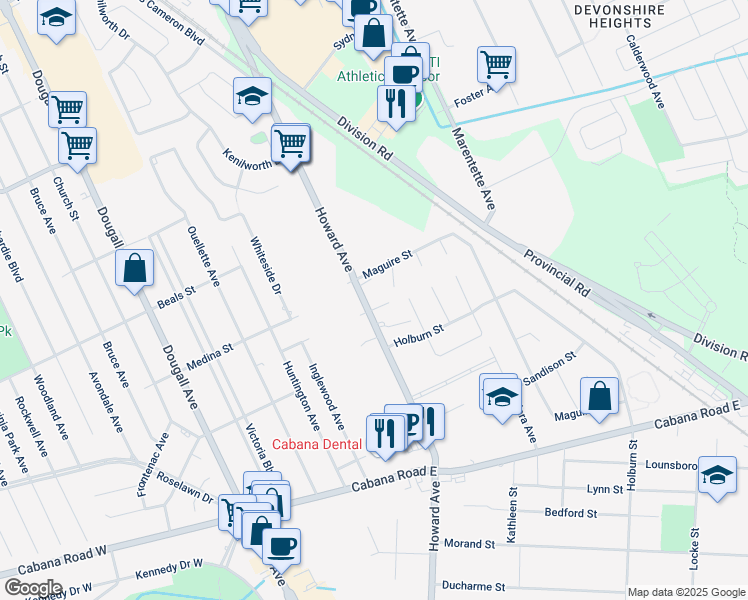map of restaurants, bars, coffee shops, grocery stores, and more near 3622 Howard Avenue in Windsor