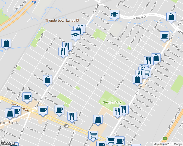 map of restaurants, bars, coffee shops, grocery stores, and more near 14905 Russell Avenue in Allen Park