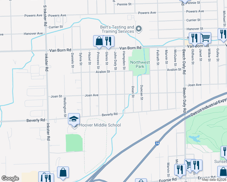 map of restaurants, bars, coffee shops, grocery stores, and more near 6166 John Daly Street in Taylor