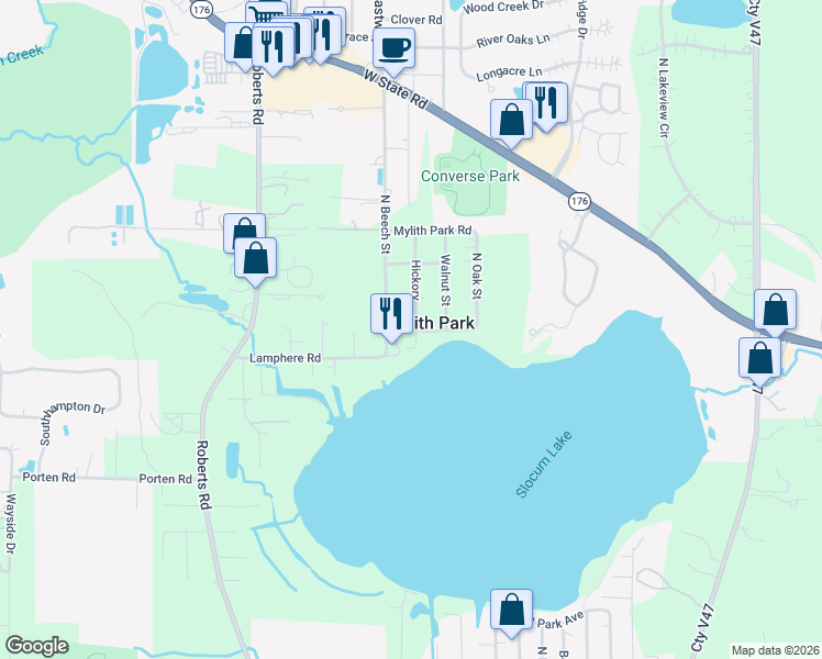 map of restaurants, bars, coffee shops, grocery stores, and more near 27558 Hickory in Island Lake