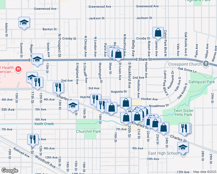 map of restaurants, bars, coffee shops, grocery stores, and more near 329 Shaw Street in Rockford