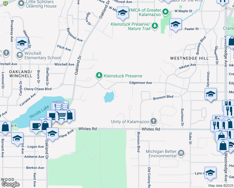 map of restaurants, bars, coffee shops, grocery stores, and more near 2715 Lake Chevy Chase Drive in Kalamazoo