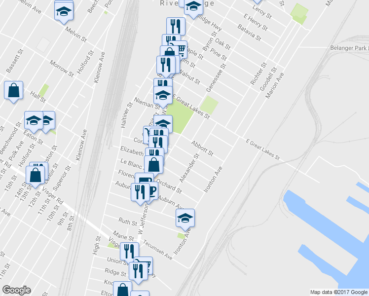 map of restaurants, bars, coffee shops, grocery stores, and more near 37 Stoner Street in River Rouge