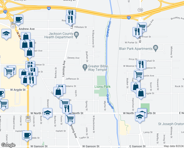 map of restaurants, bars, coffee shops, grocery stores, and more near 1214 North Blackstone Street in Jackson