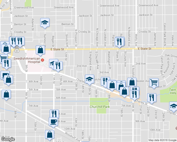 map of restaurants, bars, coffee shops, grocery stores, and more near 321 South Highland Avenue in Rockford