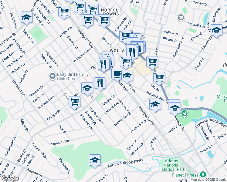 map of restaurants, bars, coffee shops, grocery stores, and more near 39 Grandview Avenue in Quincy