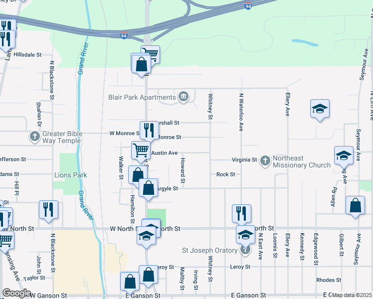 map of restaurants, bars, coffee shops, grocery stores, and more near 300 Austin Avenue in Jackson