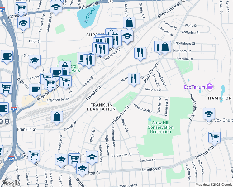 map of restaurants, bars, coffee shops, grocery stores, and more near 139 Orient Street in Worcester