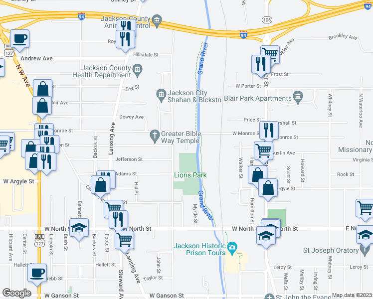 map of restaurants, bars, coffee shops, grocery stores, and more near 1200 North Starr Street in Jackson