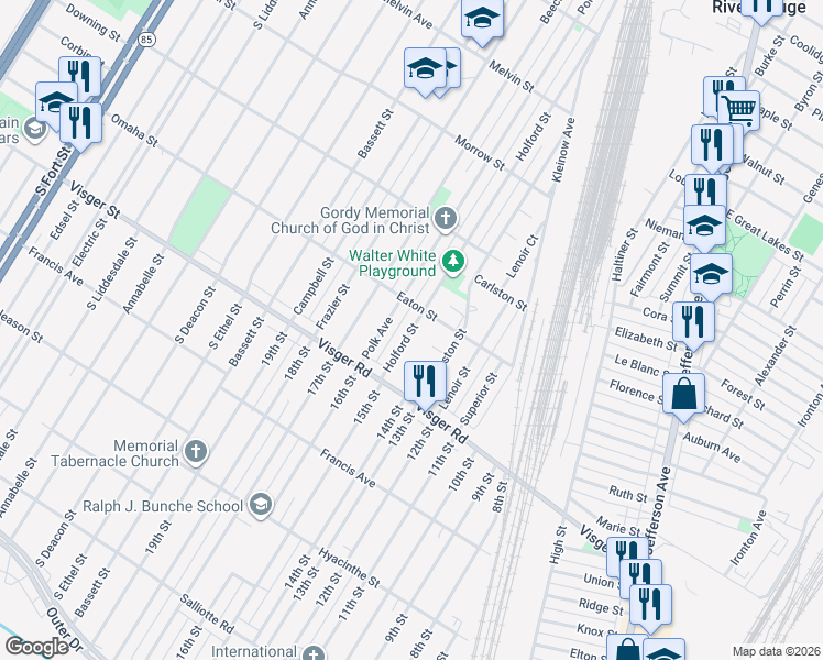 map of restaurants, bars, coffee shops, grocery stores, and more near 528 Holford Street in River Rouge