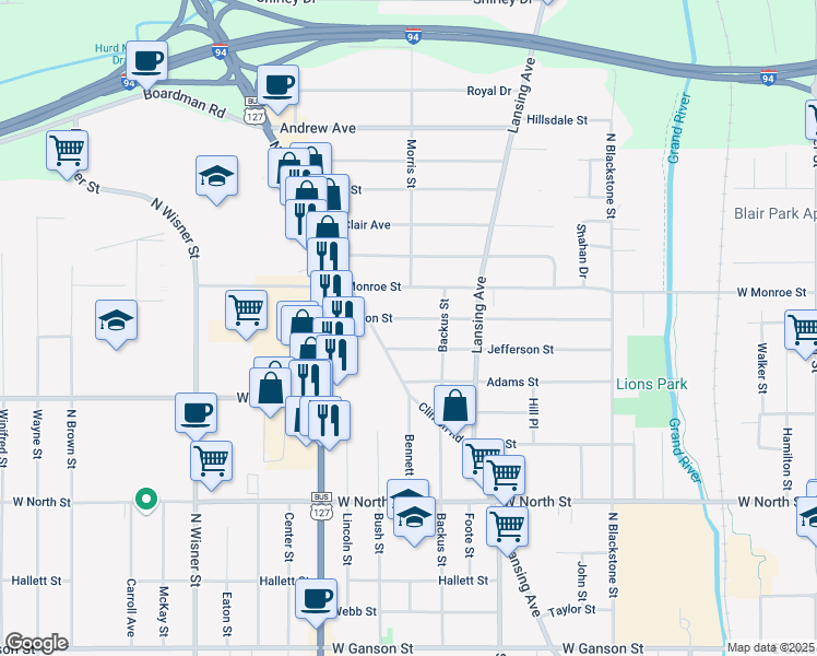map of restaurants, bars, coffee shops, grocery stores, and more near 623 Madison Street in Jackson