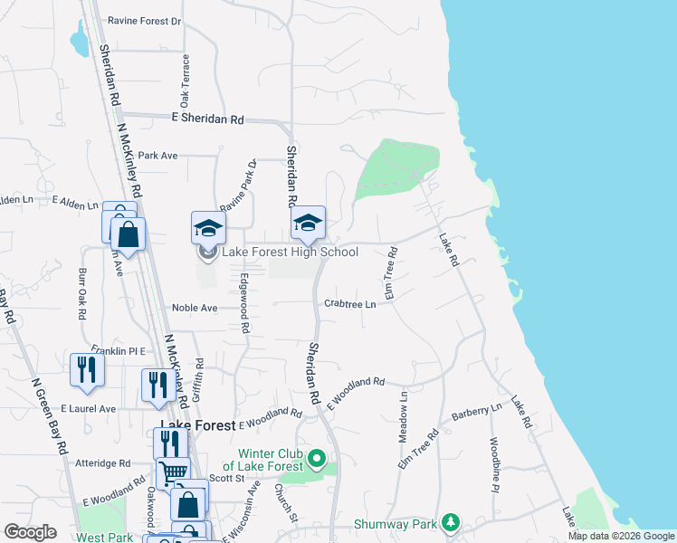 map of restaurants, bars, coffee shops, grocery stores, and more near 1351 North Sheridan Road in Lake Forest