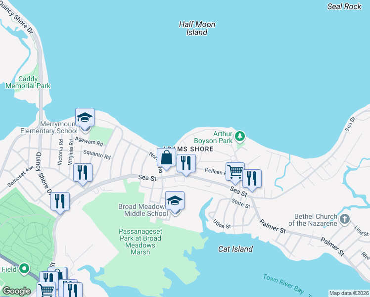 map of restaurants, bars, coffee shops, grocery stores, and more near 40 Crane Rd in Quincy