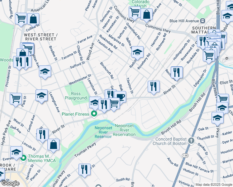 map of restaurants, bars, coffee shops, grocery stores, and more near 17 George Street in Boston