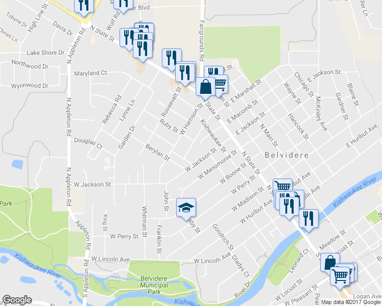 map of restaurants, bars, coffee shops, grocery stores, and more near 324 West Marshall Street in Belvidere