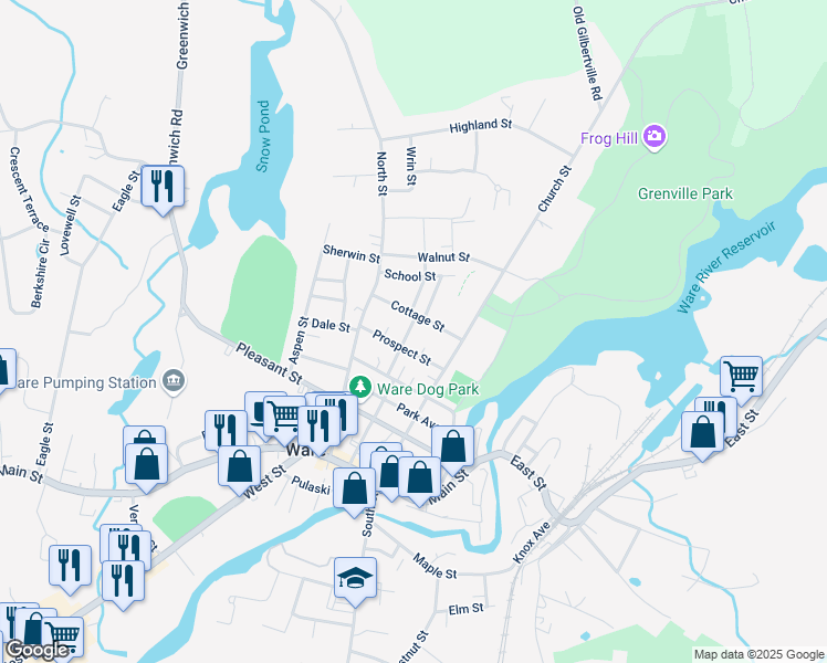 map of restaurants, bars, coffee shops, grocery stores, and more near 17 Spring Street in Ware
