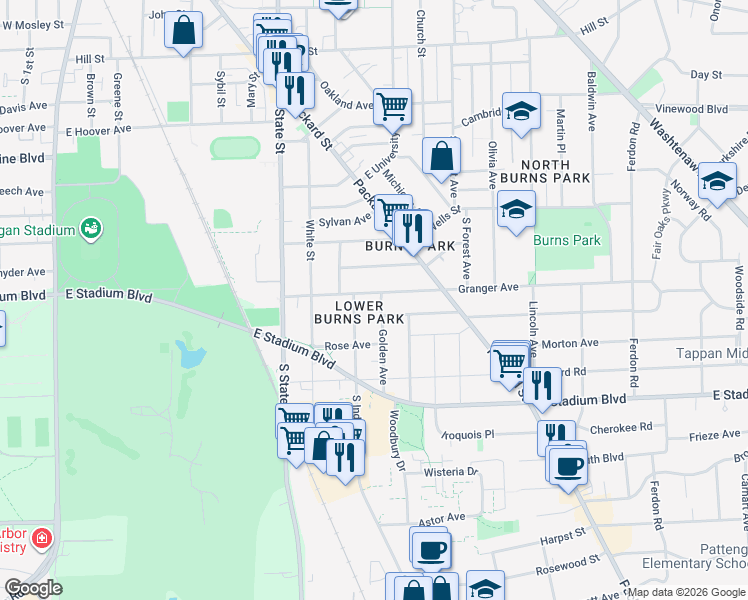 map of restaurants, bars, coffee shops, grocery stores, and more near 1401 Golden Avenue in Ann Arbor