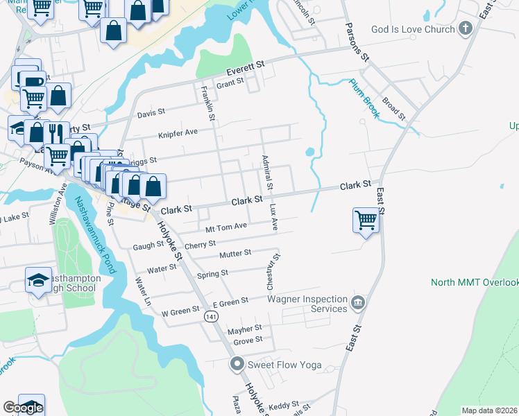 map of restaurants, bars, coffee shops, grocery stores, and more near 58 Clark St in Easthampton