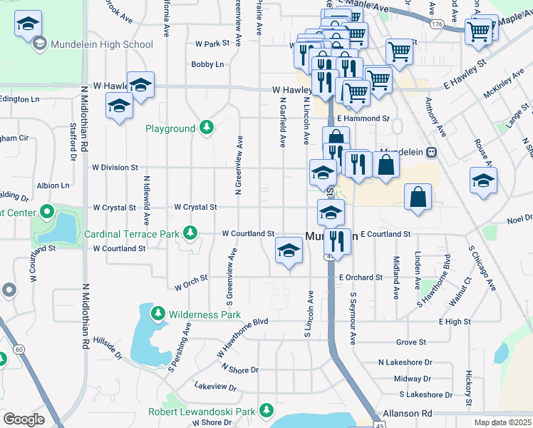 map of restaurants, bars, coffee shops, grocery stores, and more near 63 North Prairie Avenue in Mundelein