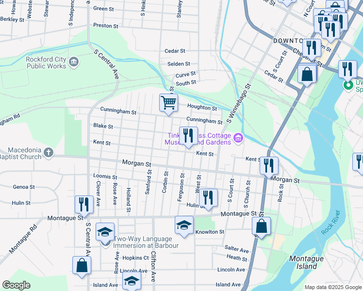 map of restaurants, bars, coffee shops, grocery stores, and more near 920 Ferguson Street in Rockford