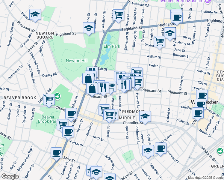map of restaurants, bars, coffee shops, grocery stores, and more near 9 Pleasant Terrace in Worcester