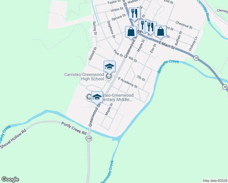 map of restaurants, bars, coffee shops, grocery stores, and more near 64 Maple St in Canisteo