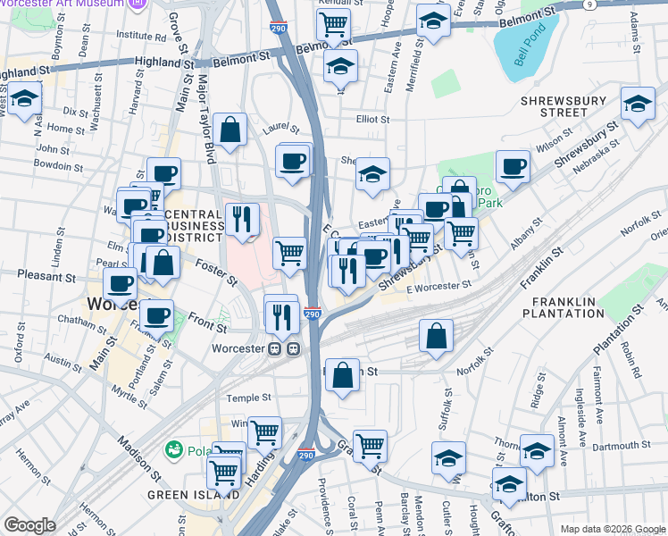 map of restaurants, bars, coffee shops, grocery stores, and more near 22 Mount Carmel Way in Worcester
