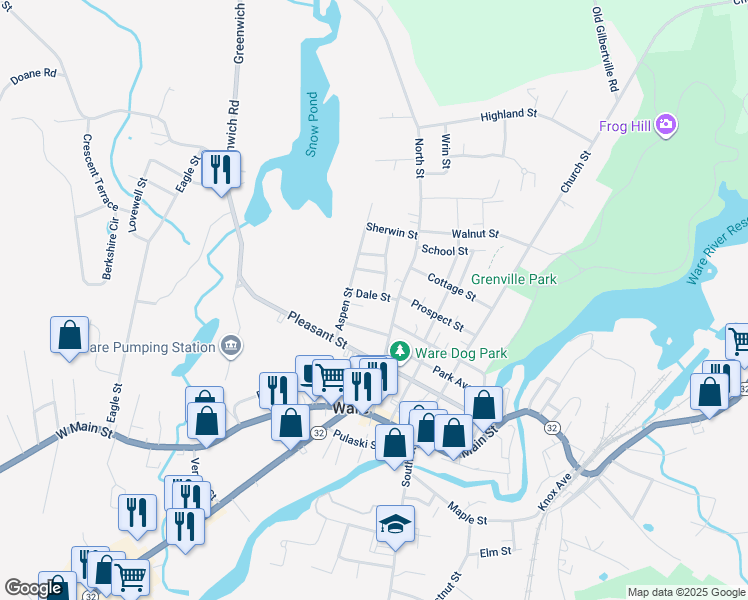 map of restaurants, bars, coffee shops, grocery stores, and more near 23 Dale Street in Ware