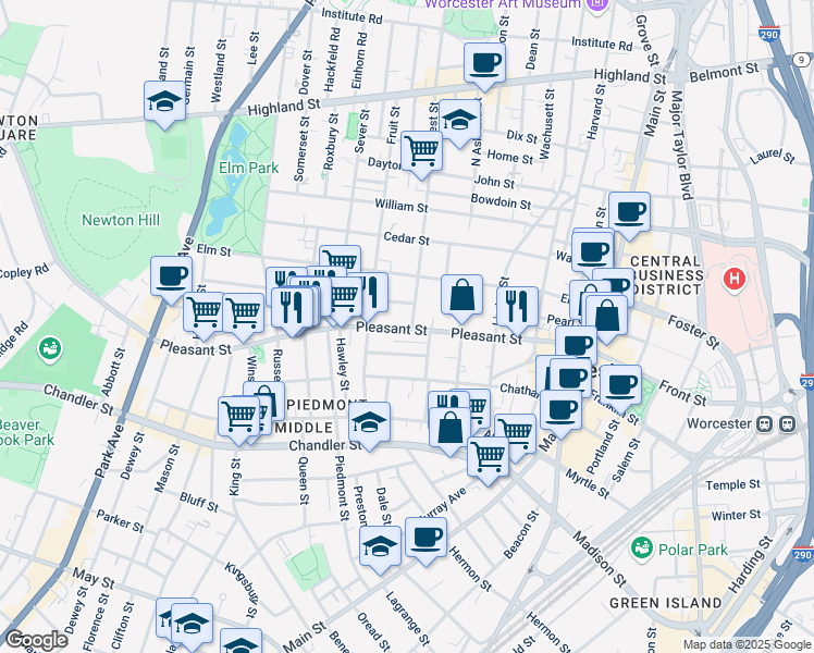 map of restaurants, bars, coffee shops, grocery stores, and more near 219 Pleasant Street in Worcester
