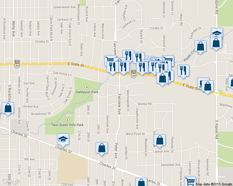 map of restaurants, bars, coffee shops, grocery stores, and more near 3426 Shirley Rd in Rockford